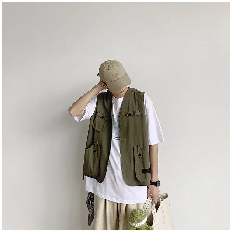 Новая Осенняя одноцветная мужская жилетка японские хлопковые пальто без рукавов с несколькими карманами оригинальные дизайнерские рабочие жилеты в стиле ретро DS50854