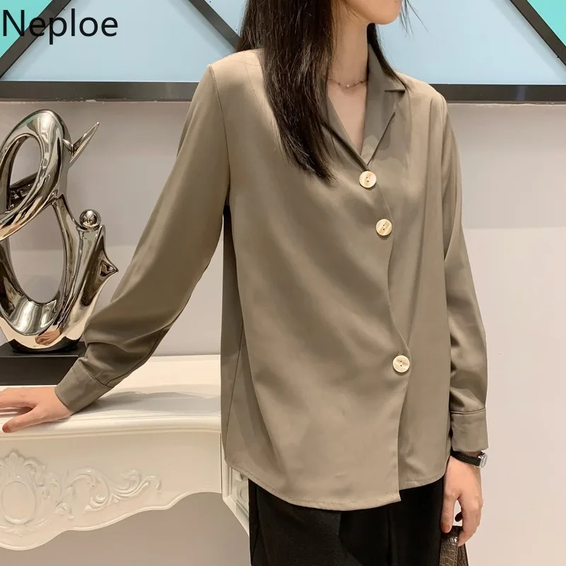 Neploe, однобортные женские рубашки, весна, Новое поступление, свободные блузы с v-образным вырезом и длинным рукавом, одноцветные повседневные женские топы 80347