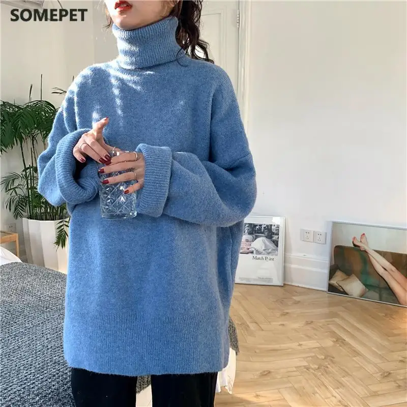 

Turtleneck Sweaters Women 2XL Elegant Winter Thickening Korean Trendy Teens Sweater Knitted Solid Chic Side-slit Ladies Pullover