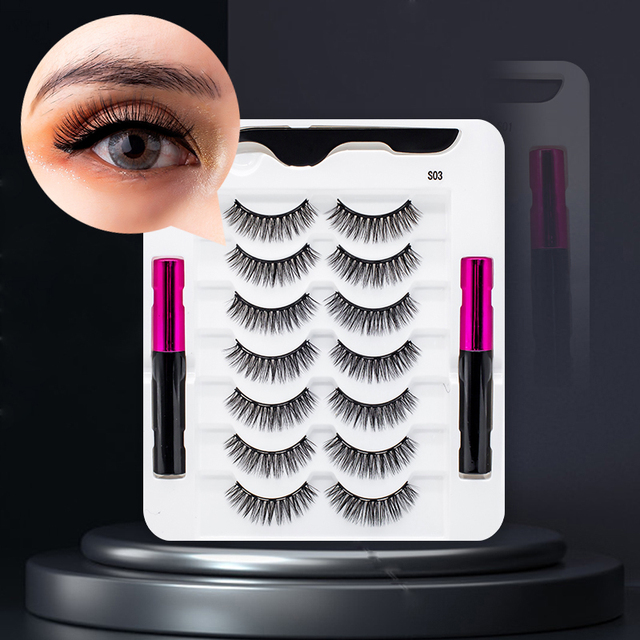 3/5/7Pairs Magnetic Eyelashes False Lashes Repeated Use Eyelashes Waterproof Liquid Eyeliner With Tweezer Makeup Set