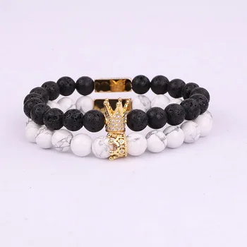 New Fashion Men Women Bracelet Natural Stone Lava Rock CZ Pave Queen Crown Charm Beads Elastic Bracelet For Women Men