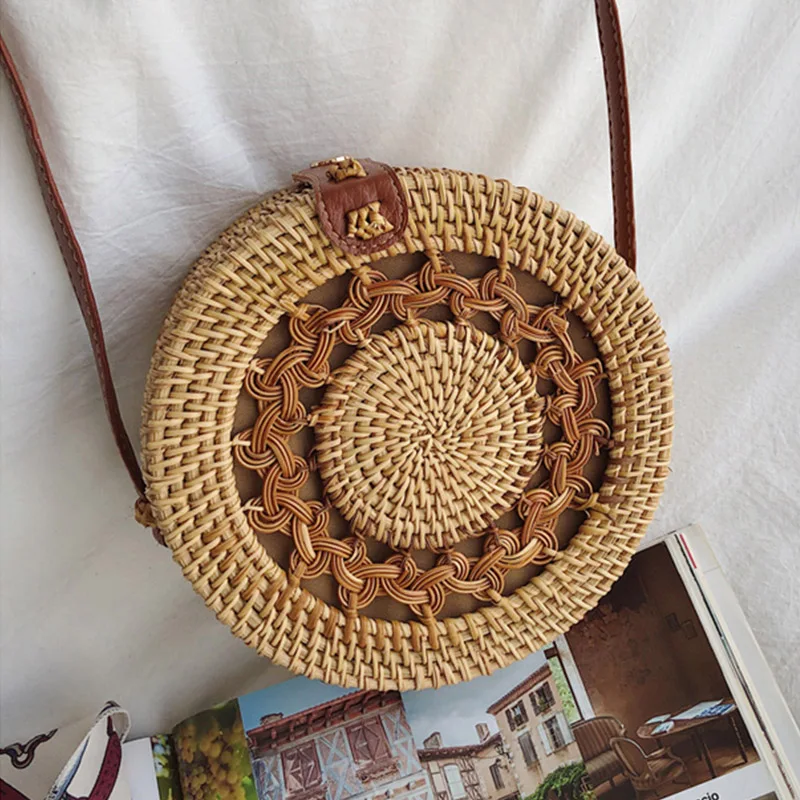 Соломенная сумка ручной работы круглая бамбуковая сумка богемные Ротанговые сумки через плечо для женщин пляжный стиль круговые сумки на плечо