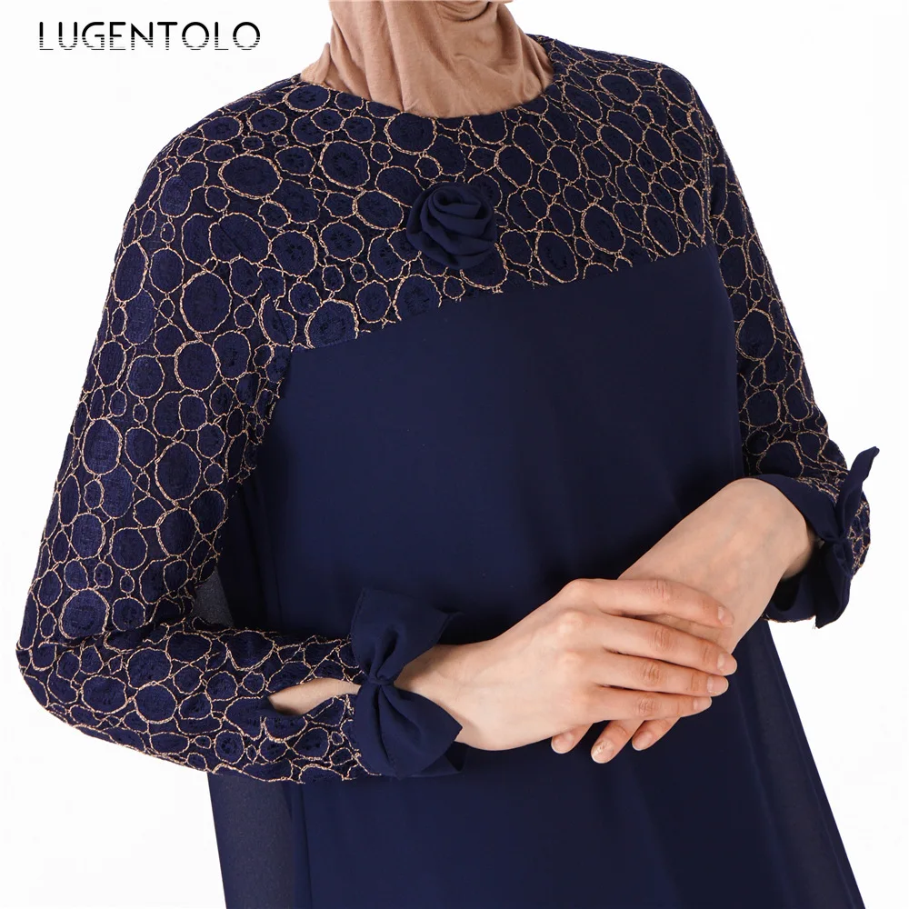 Lugentolo, женское платье, Осеннее, мусульманское, кружевное, шифоновое, свободное, с принтом, с круглым вырезом, с цветочным принтом, простое, с длинным рукавом, элегантное, женское платье