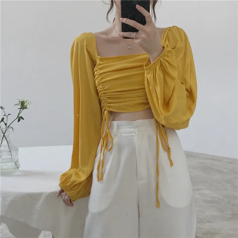 

Drawstring Square Collar Sense of Design Non-mainstream Shirt Women's 2019 Early Autumn New Style Slim Fit Long Sleeve Sun-resis