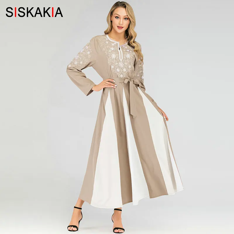 

Siskakia Muslim Dresses Fashion Color Block Swing Floral Embroidery Maxi Dresses Plus Size Long Sleeve Turkey Dubai Clothes New