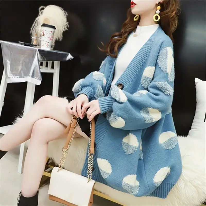 Best Price Autumn 2019 Long Thick Warm Sweater Jacket Women's Loose Long Sleeve Dot Pattern Sweater Cardigan