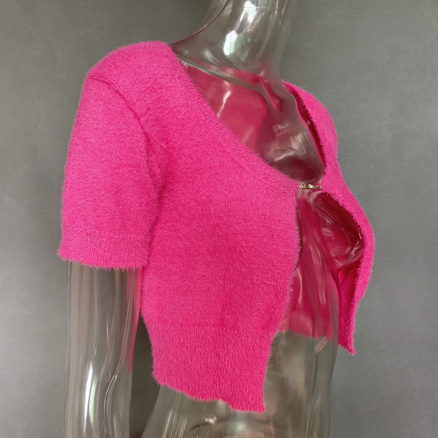 Cárdigan corto elegante, suéter de manga corta de punto de mohair, camisetas sin mangas con letras y cadena para mujer, novedad 2025