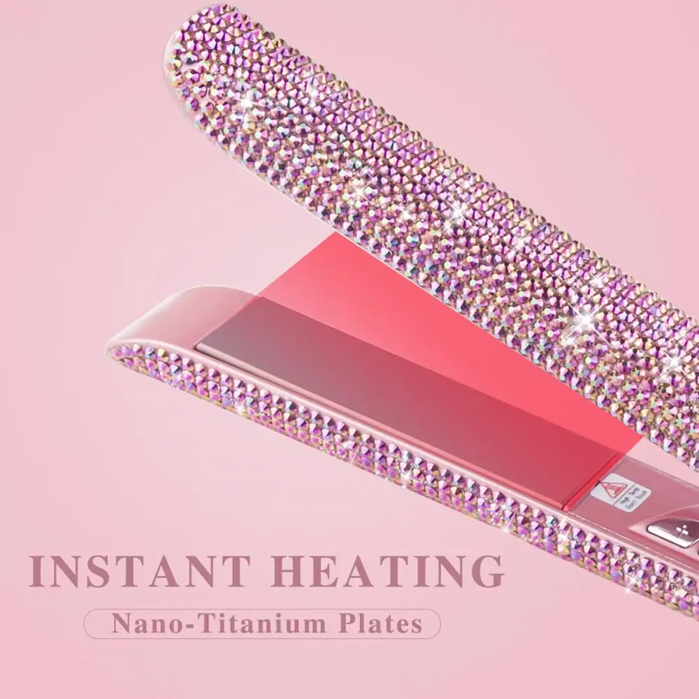 Madami LCD Display Hair Flat Iron Straightener 470F Titanium Floating Plate Rose Gold Crystal Rhine