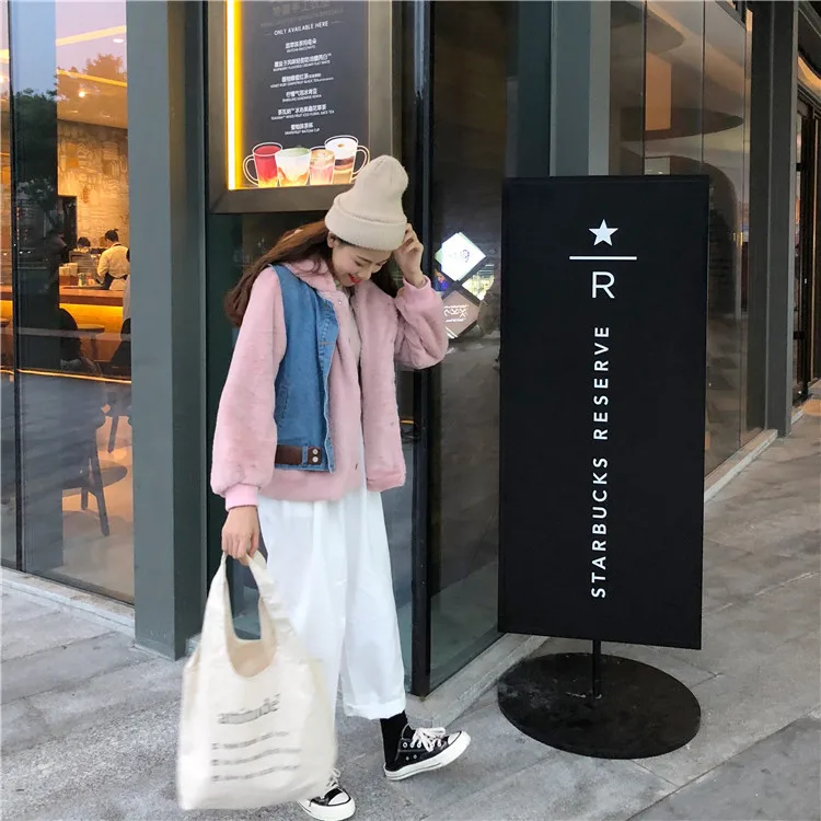 2018 Autumn And Winter New Korean Elegant Dehaired Angora Hooded Coat + Denim Waistcoat Coat Two-Piece Set