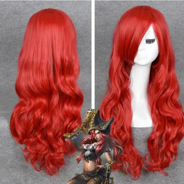 

Free Shipping LOL Miss Fortune Cosplay Long Wavy curly Red Heat Resistant Hair Wigs