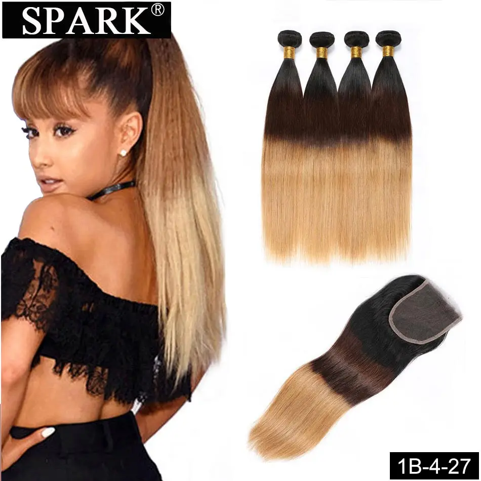 T1B 4 27 Spark Ombre 3/4 пучки с закрытием перуанские прямые человеческие волосы пучки с кружевной застежкой Средняя/свободная часть парик из волос Реми - Цвет: T1B 4 27