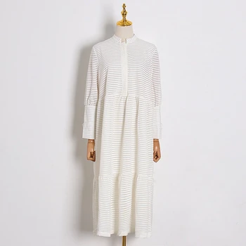 

CHICEVER Perspective Striped Dress Women Stand Collar Long Sleeve Oversize Loose Casual Midi Dresses Female Fashion 2020 Clothes