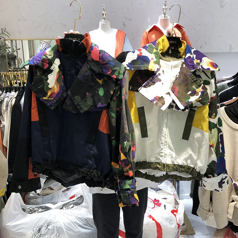 

Women Short Jacket 2020 Spring Stand Collar Camouflage Loose Mixed Colors Short Coat Tops Girls Fashion Zipper Jacket