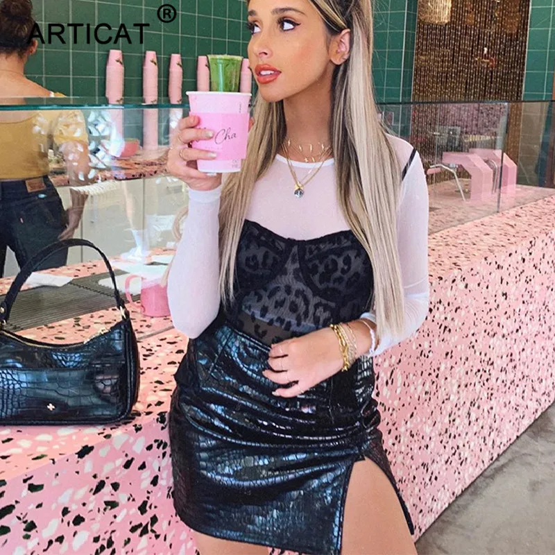 Articat High Waist Split Leather Skirt Women Black Zipper Bodycon Short Skirts Womens Autumn Winter Sexy Christmas Skirt Faldas