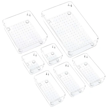 

7 Pcs Drawer Organizer with Non-Slip Silicone Pads, 4-Size Clear Desk Drawer Organizer Trays in Office and Kitchen