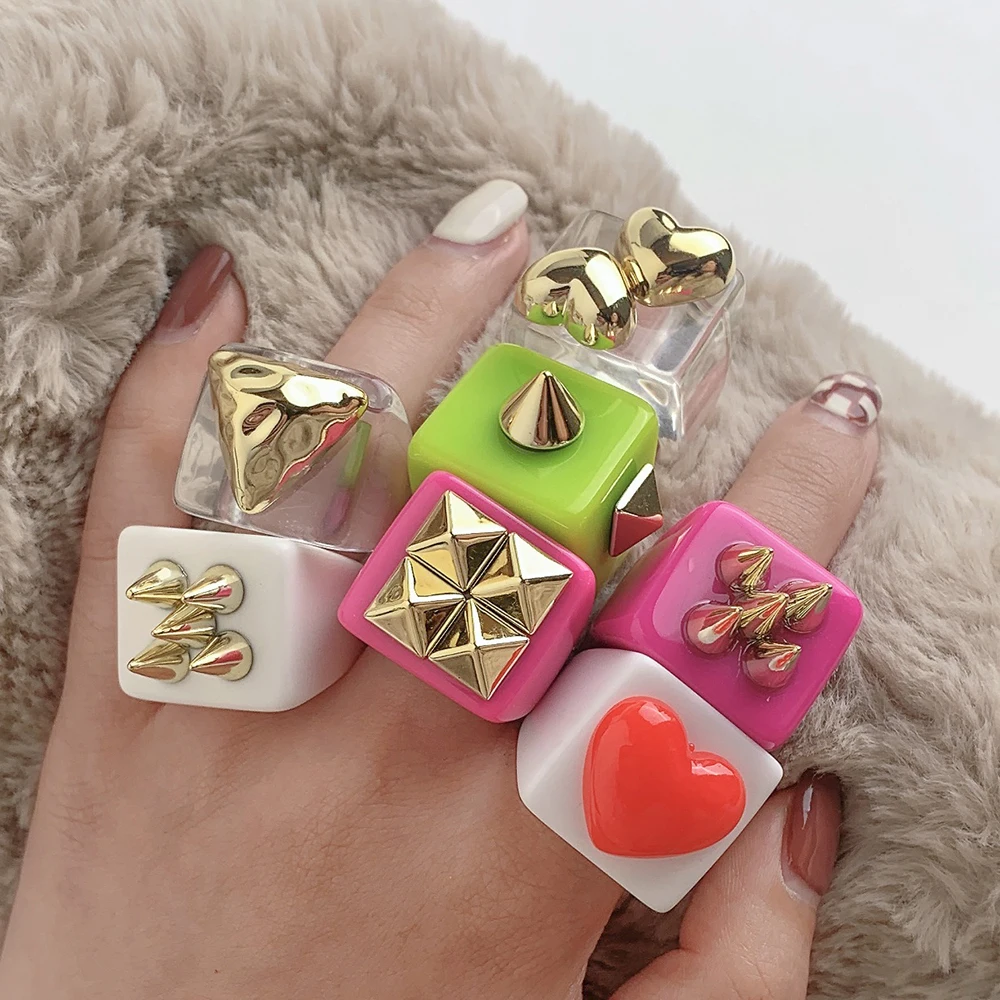 Fashion Golden Bead Heart Geometric Square Ring Candy Color Resin Acrylic Big Rings for Women Girls Aesthetic Jewelry Gift 4