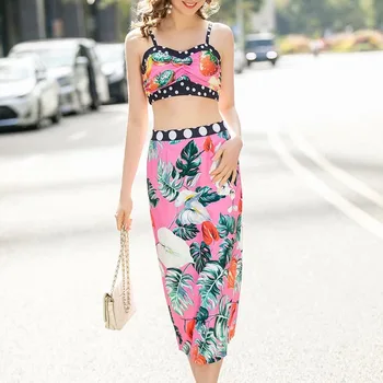 

Xiaomoli Sexy holiday strawberry print wrap chest top, hip high waist half dress set 2020 summer women's two piece set