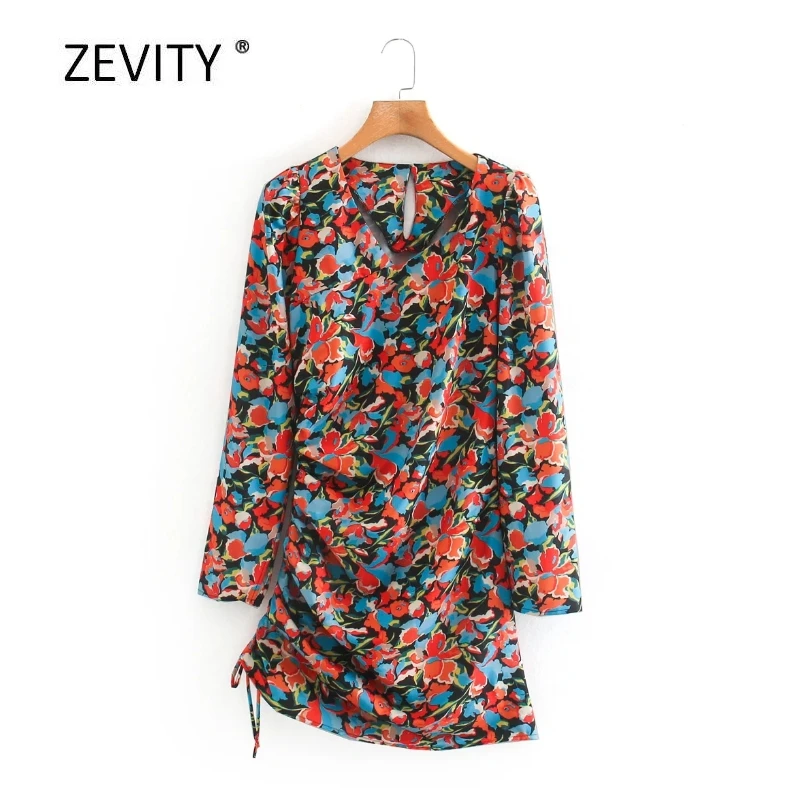 Women vintage v neck flower print side pleated drawstring slim mini dress female long sleeve knitted vestido chic Dresses DS4138 Women vintage v neck flower print side pleated drawstring slim mini dress female long sleeve knitted vestido chic Dresses DS4138