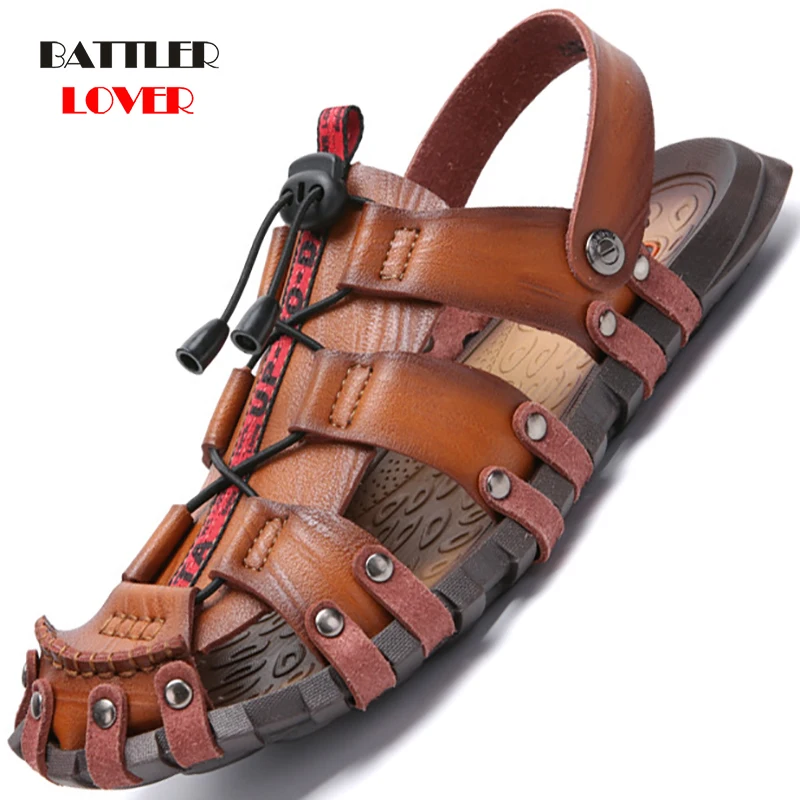 New Summer Men Genuine Leather Sandals Mens Beach Sandals Brand Men Casual Rome Shoes Comfortable Slip-on Breathable Cheap Shoes