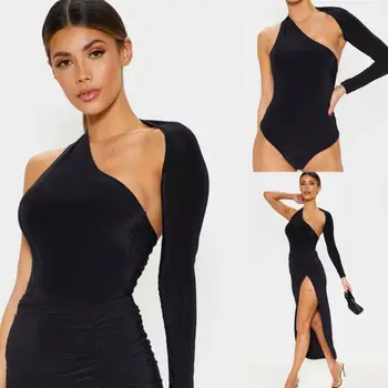 

Fashiom Women Female 5 Color One Shoulder Sexy Leotard Slim Fit Leotard One Sleeve Solid Top Soft Sexy Hot Wet Romper 2019