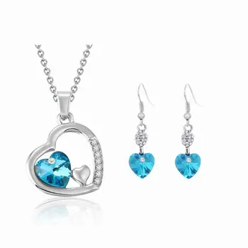 

QiLeSen Fine jewelry 925 sterling silver suitable for ladies set,Water droplets peach heart sea blue Necklace Earring Set YW182