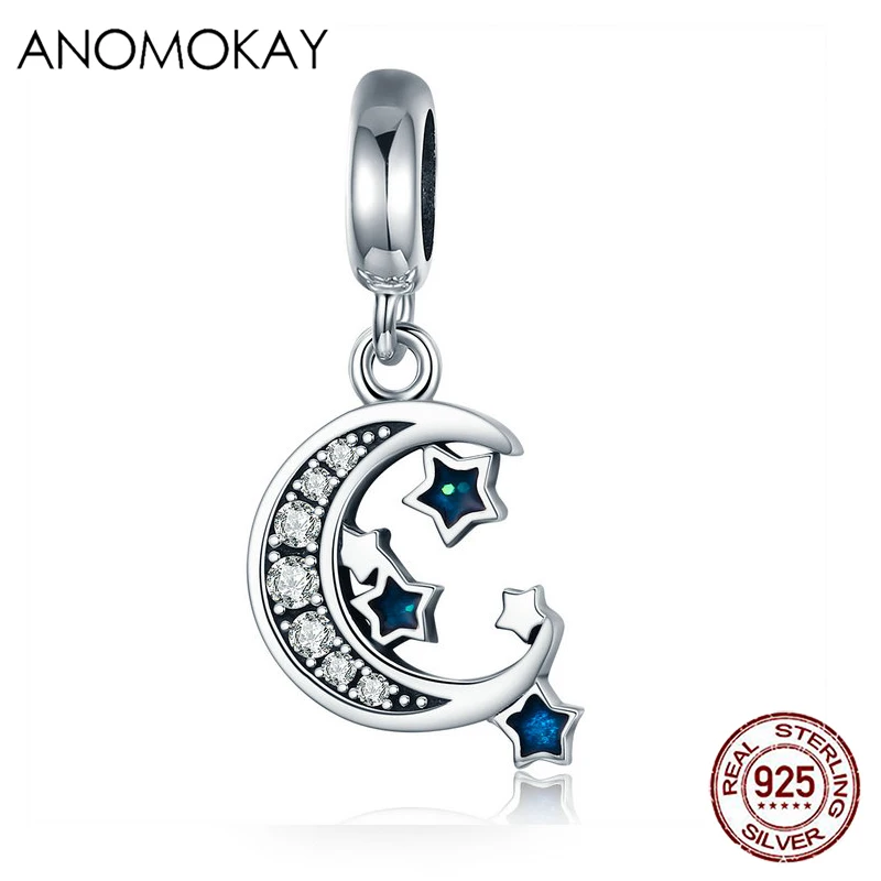 Anomokay Authentic 925 Sterling Silver Sparkling Sky Moon Star Clear CZ Dangle Charm fit Bracelet S925 Pendant Jewelry | Украшения и