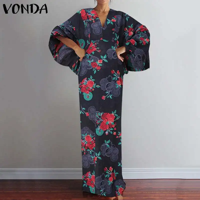 

Floral Printed Holiday Dresses Elegant Party Maxi Dresses VONDA Women Cotton Linen Long Dresses Vestidos Deep V Neck Robe S-5XL