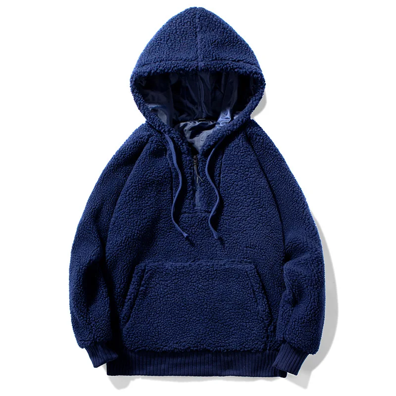  Winter New Style Hooded Drawstring Hoodie Lamb Plush Fashion Solid Color Pullover Large-Volume Pock