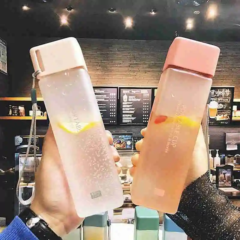Plastic Sports Water Bottle 500ml Transparent Square Outdoor