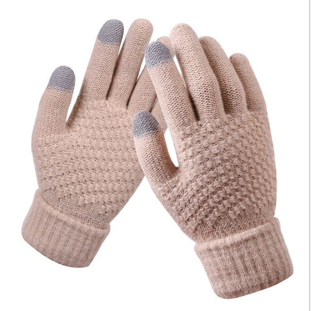 Warm Knitted Full Finger Plush Gloves Solid Jacquard Touch Screen Mittens Women Winter Thick Driving Gloves Female