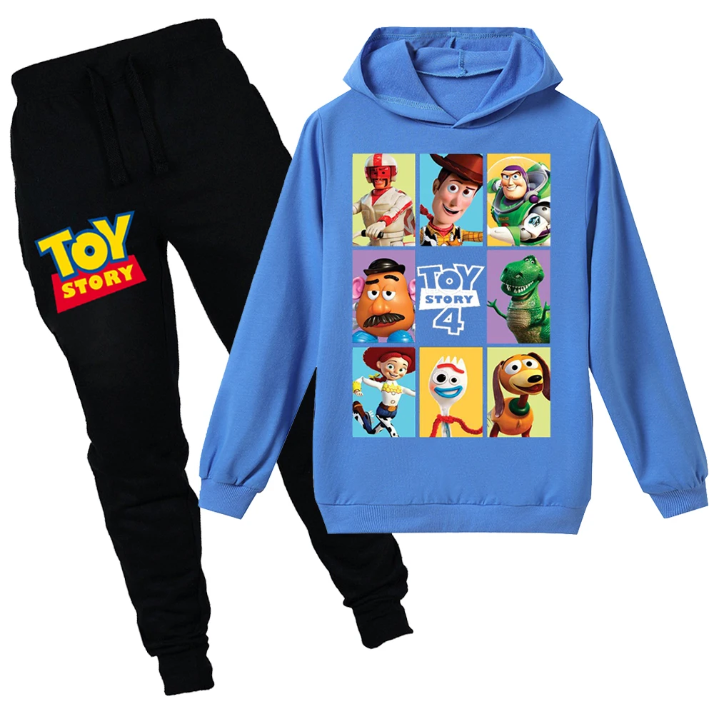Зимняя одежда для маленьких мальчиков толстовка с капюшоном и длинными рукавами с героями мультфильма «История игрушек 4», футболка+ штаны детские комплекты из 2 предметов одежда для маленьких девочек
