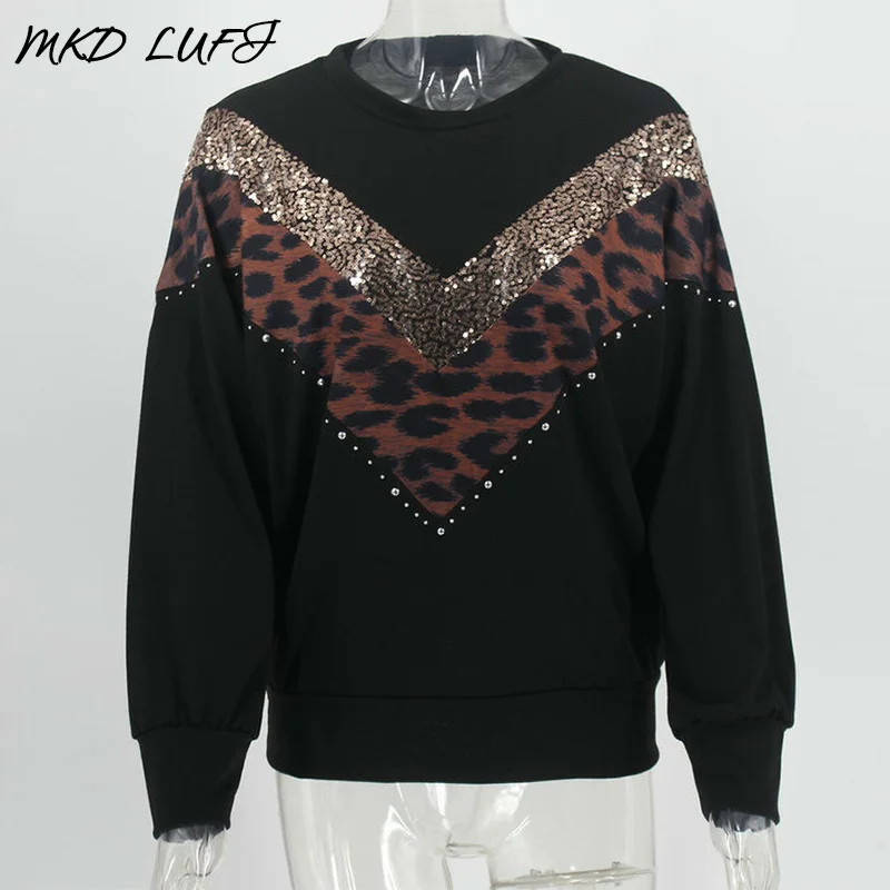 Goede Luipaard Pailletten Colorblock Insert Casual Blouse Vrouwen Ronde Hals Lange Mouw Herfst Blouse Tops