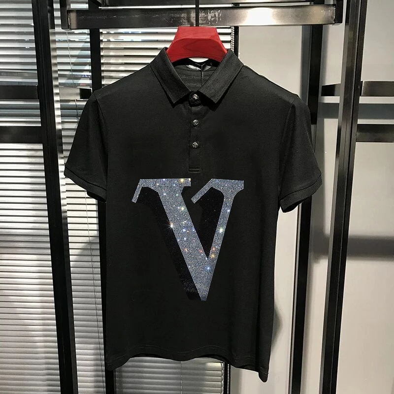 

Custom Letters Hot Diamond Shiny Summer Men's T-Shirt High Quality Casual Polo Soft Fabric Breathable Pure Cotton