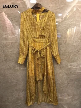 

Latest Designer Dress 2020 Spring Ladies Stand Neck Hollow Out Sexy Long Sleeve Asymmetrical Silk Dress Yellow Orange Apricot