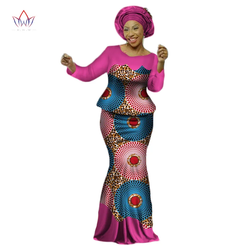 Africa Style Bazin Riche Dresses for Women Two Pieces Set Women Long Sleeve Tops and Long African Print Skirt Plus Size WY2454