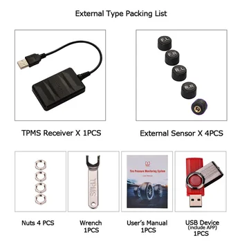 

USB Spare Tire Pressure Monitoring System TPMS External 5 Sensors Real-Time Display for Android Navigation