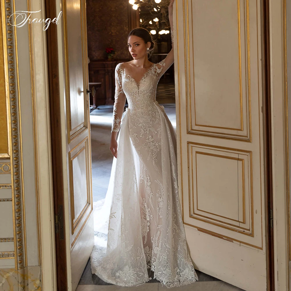 Wedding Dresses Scoop Mermaid 2 IN 1 Wedding Dress Appliques Long Sleeve Lace Detachable Court Train Wedding Gown Plus Size