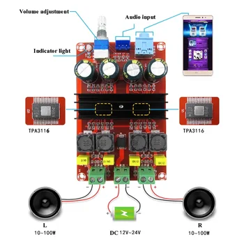 

100W *2 TPA3116D2 Amp Amplifiers Digital Audio Power 2.0 Channels Tpa3116 Class D HiFi Stereo Amplifier Board DC12-24V