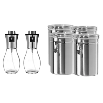 

2 Pcs 6.8Oz Refillable Oil and Vinegar Spray Bottle With Mini Funnel & 4 Pcs Stainless Steel Canister Set Tea Cans