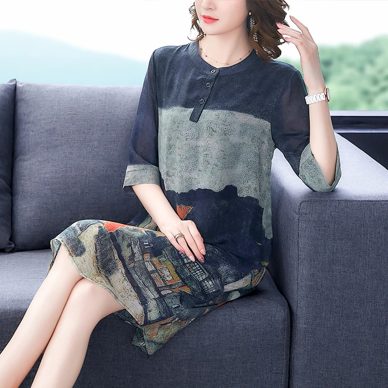 

QPFJQD Summer Autumn Contrast Color Stitching Faux Silk Dress Elegant Vintage Knee-Length Personality Spring Dresss O Neck