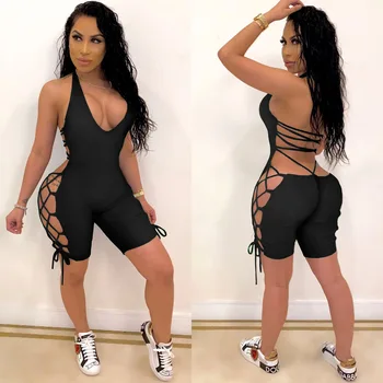 

2020 Sexy Women Deep V-neck Jumpsuit Sleeveless Halter Backless Hollow Out Playsuit Rompers Sports Floral Print Lace-up Jumpsuit