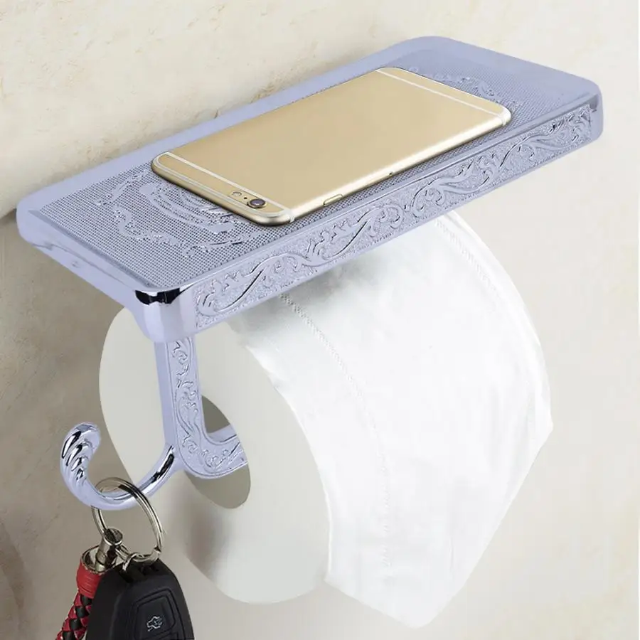 Toilet Paper with Shelf Waterproof Toilet Paper Shelf With Mobile Phone Storage Shelf Bracket Towel Hook