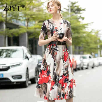 

2020 New Fashion Runway Dress Designers Women Summer Clothes Elegant Short Sleeve V Neck Print Holiday Mid Calf Dress with Belt