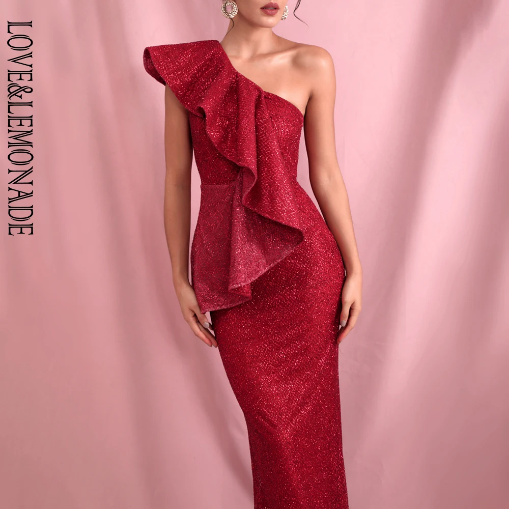 Женское вечернее платье LOVE & LEMONADE облегающее макси на одно плечо с оборками и