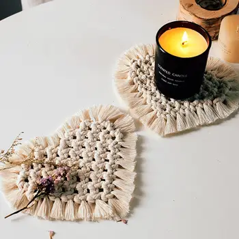 

Nordic Style Bohemia Tassels Love Heart Shaped Cotton Party Dining Table Decoration Thread Coaster Cup Mat