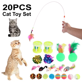 

20 Pcs Cat Interactive Toys Set Pets Cat Toys Mouse Stick Bell Balls Feather Toy Creative Assorted Cat Play Toy for Kittens