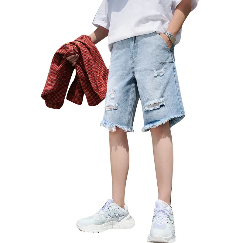 New Fashion Summer Cotton Shorts Leisure Ripped Stretch Ruched Pantalones Cortos Hombre Clothing Breathable Denim Shorts Male