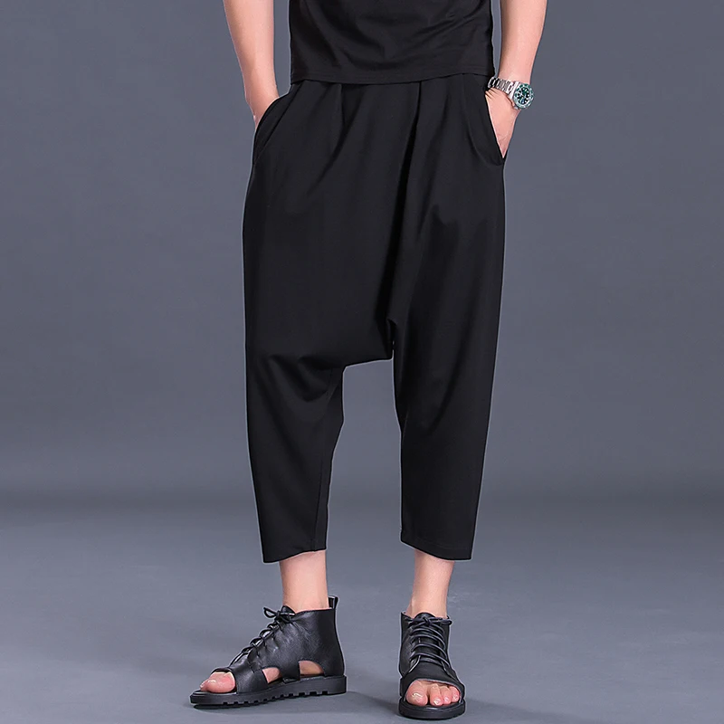 Summer Men's Large Size Harem Pants Ankle-Length Casual Loose Drop-crotch Pencil Trousers Middle Microelastic Waist A221