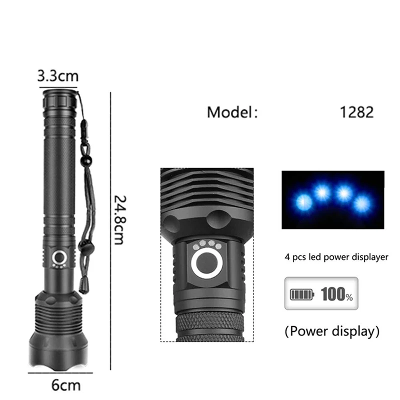 T20 LED Flashlight XHP70.2/XHP50 Powerful LED Torch High Lumens Adjustable Focus USB Rechargeable Handheld Light for Outdoor