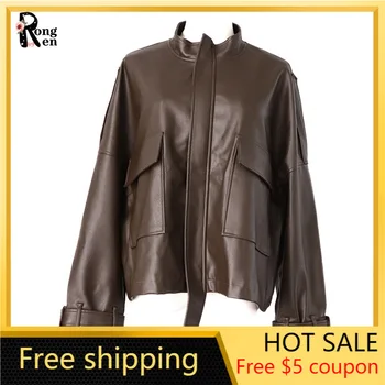 

2020 Autumn Winter Women's Jacket PU Faux Leather Zipper Fashion Stand Collar Motorcycle Top Woman Coat plus size clothing 3xl